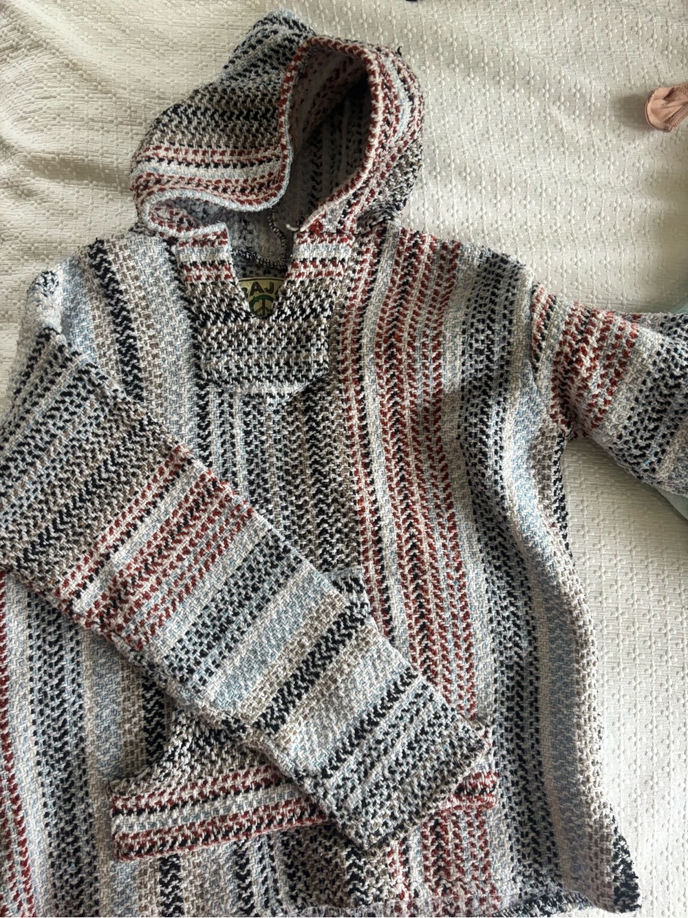 Striped Hooded Crewneck Sweater in Cream, Gray & Rust